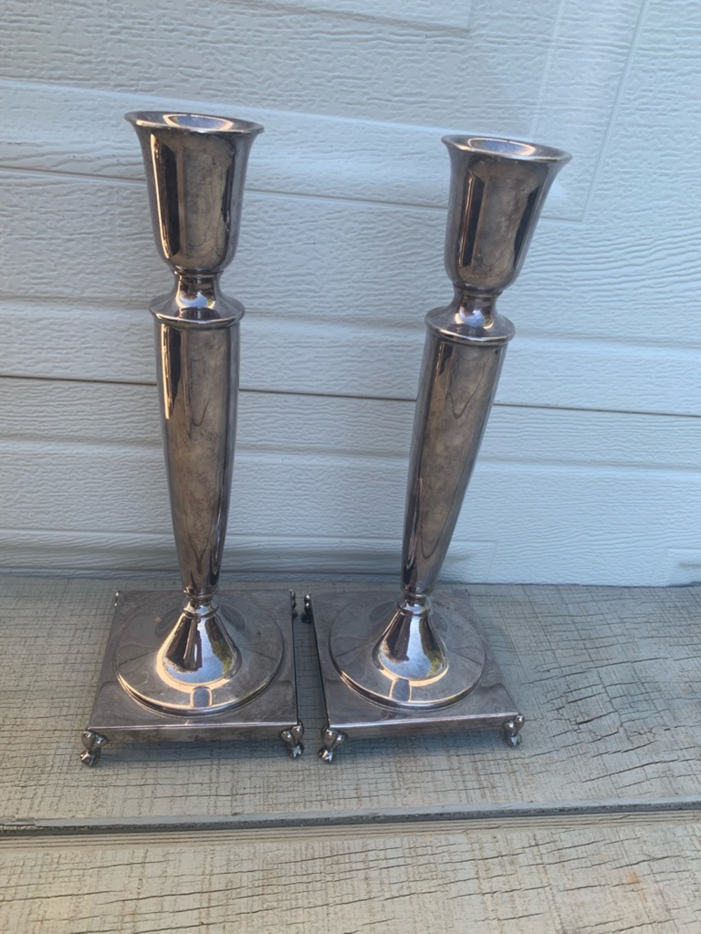 Crescent Silver Plated Candlesticks Pair 10.5”Art Deco Pew Footed Square Base